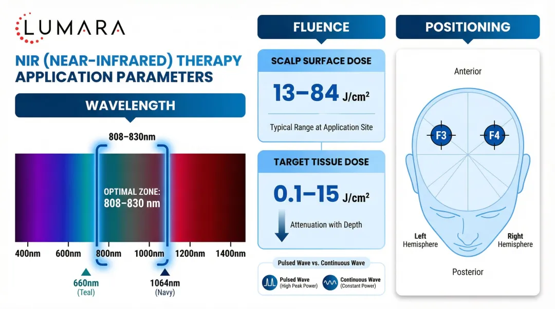 NIR transcranial light therapy placement parameters wavelength fluence positioning guide infographic