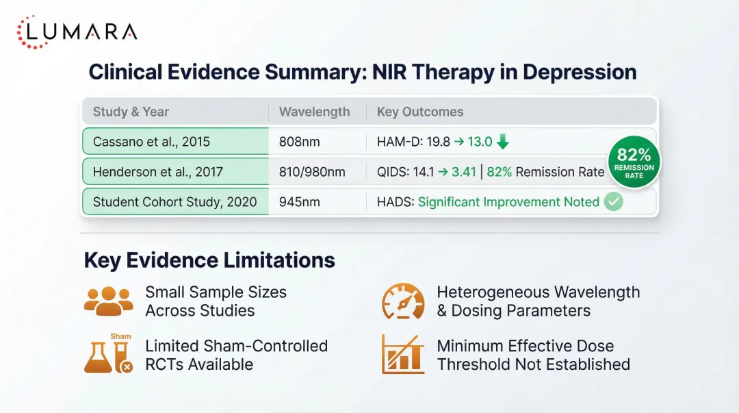 NIR light therapy clinical studies summary comparison depression score outcomes and limitations