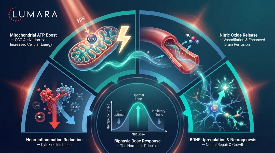 Four NIR light therapy brain mechanisms infographic ATP neuroinflammation BDNF biphasic dose