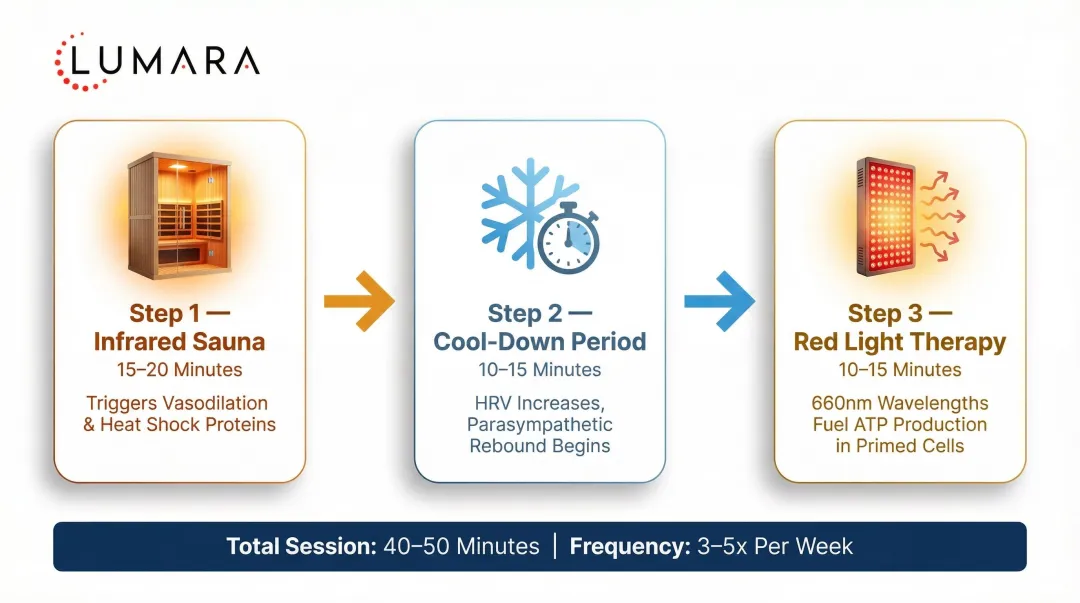 Infrared sauna and red light therapy session sequence timing protocol step-by-step infographic
