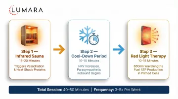 Infrared sauna and red light therapy session sequence: red light first, then sauna, then cooldown