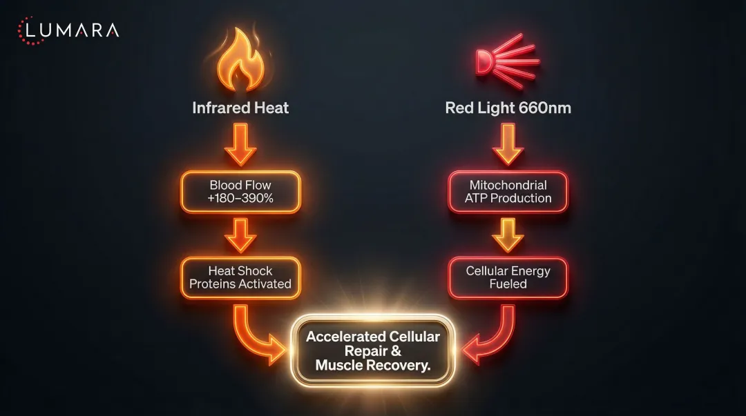 Infrared sauna and red light therapy dual-pathway muscle recovery mechanism infographic