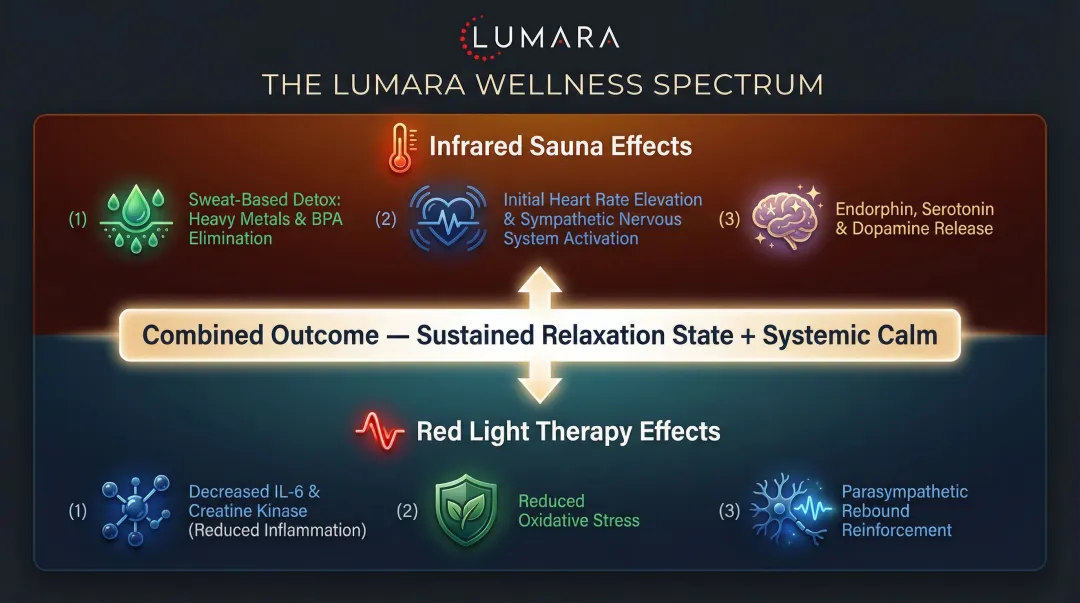 Combined sauna and red light therapy nervous system and detox benefits comparison infographic