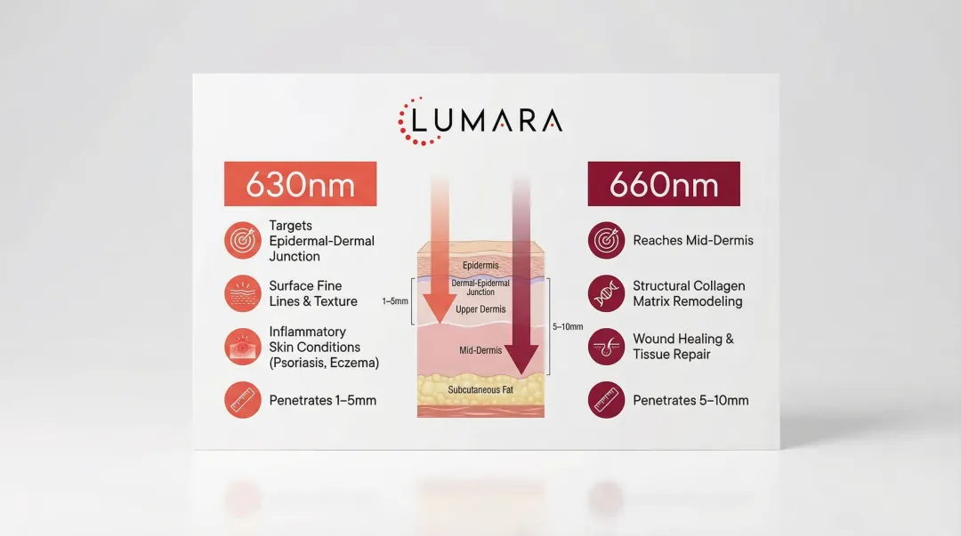 630nm versus 660nm red light wavelength skin benefits side-by-side comparison chart