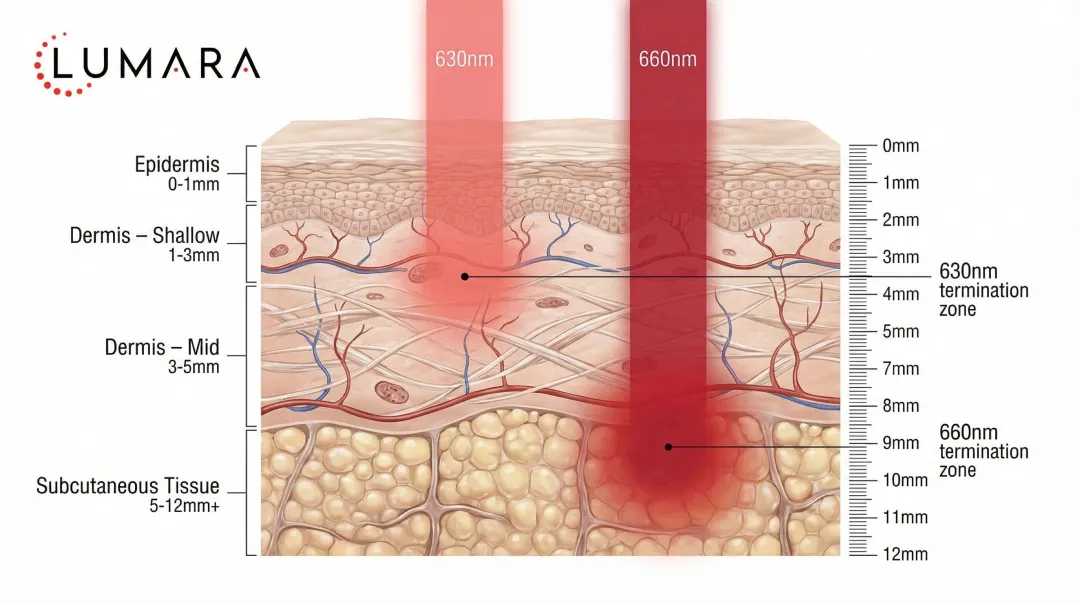 Red light wavelength skin penetration depth diagram showing 630nm versus 660nm tissue layers