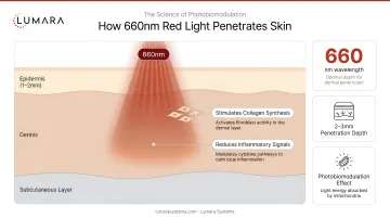 Diagram showing how 660nm red light penetrates skin layers to support collagen and reduce inflammatory signals