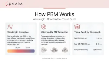 PBM mechanism: wavelength absorption, mitochondrial ATP production, and tissue depth by wavelength range
