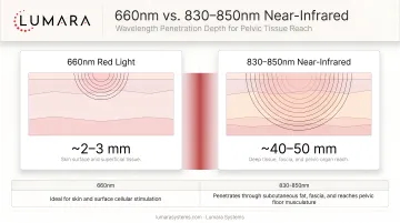 Red light therapy wavelength penetration depth comparison: 660nm versus 830-850nm near-infrared for pelvic tissue reach