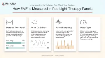 How EMF is measured in red light therapy panels: distance, AC vs DC drivers, pulsed frequency, and meter type