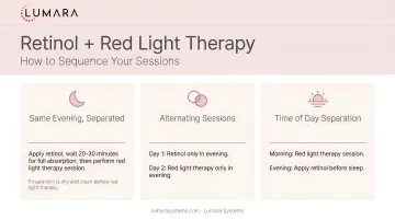 Retinol and red light therapy sequence guide: same evening separated, alternating sessions, or time of day separation