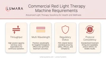 Commercial red light therapy machine requirements: throughput, multi-wavelength, regulatory status, and protocol consistency