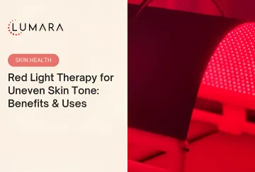 Red light therapy LED mask positioned for full-face skin tone treatment session