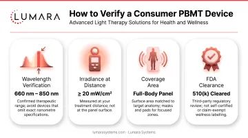 Consumer PBMT device credibility criteria: wavelength verification, irradiance at distance, coverage, and FDA clearance