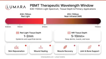 PBMT therapeutic wavelength window: 630-700nm red and 810-1100nm near-infrared with tissue depth and primary applications