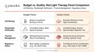 Budget versus quality red light therapy panel comparison: LED binning, wavelength verification, thermal management, and regulatory status