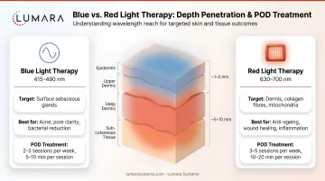 Blue versus red light therapy depth penetration and POD treatment comparison infographic