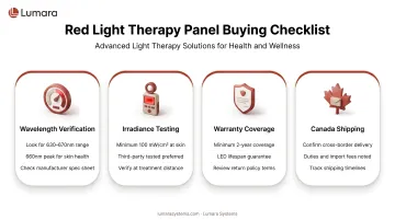 Red light therapy panel buying checklist: wavelength verification, irradiance testing, warranty, and Canada shipping