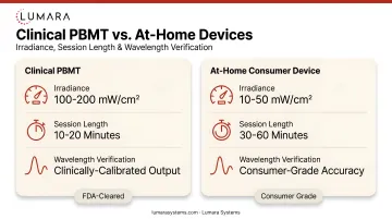 Clinical PBMT versus consumer at-home device comparison: irradiance, session length, and wavelength verification