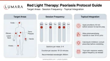 Red light therapy psoriasis protocol: target areas, session frequency, and integration with topical treatments