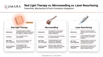 Red light therapy versus microneedling and laser resurfacing: downtime, mechanism, and post-procedure integration
