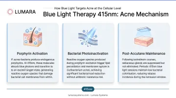 Blue light therapy 415nm acne mechanism: porphyrin activation, bacterial photoinactivation, and post-Accutane maintenance role