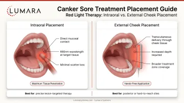 Red light therapy canker sore device positioning: intraoral versus external cheek placement for oral cavity access