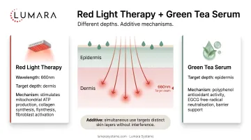 Red light therapy dermis versus green tea serum epidermis: different depths, additive mechanisms