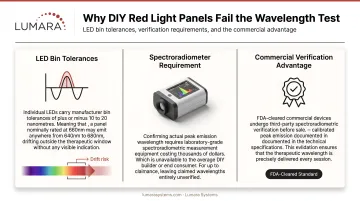 Wavelength verification problem for DIY panels: LED bin tolerances, spectroradiometer requirement, and commercial verification advantage