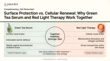 Green tea serum and red light therapy combined: surface protection versus cellular renewal, complementary not redundant