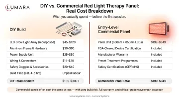 DIY red light therapy panel cost breakdown versus entry-level commercial panel comparison