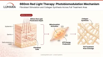 660nm red light therapy photobiomodulation mechanism: fibroblast stimulation and collagen synthesis across full treatment area