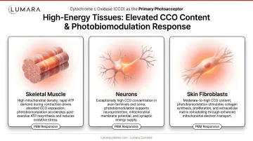 High-energy tissues with elevated CCO content: skeletal muscle, neurons, and skin fibroblasts and their photobiomodulation response