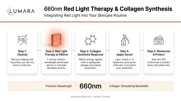 Red light therapy at 660nm supporting collagen synthesis alongside topical skincare routine