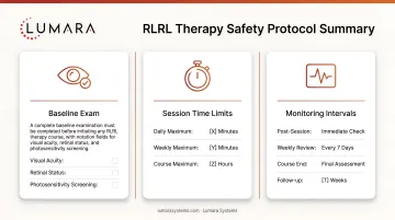 RLRL therapy safety protocol summary: baseline exam, session time limits, and monitoring intervals