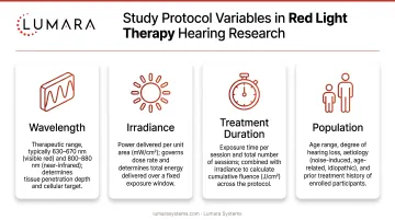 Study protocol variables in red light therapy hearing research: wavelength, irradiance, treatment duration, and population