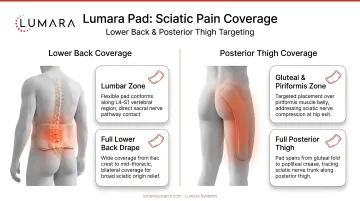 Lumara Pad for sciatic pain: lower back and posterior thigh coverage options with flexible body-contact format