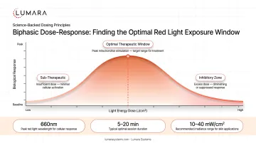 Biphasic dose-response curve showing optimal red light therapy exposure range