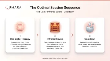 Infrared sauna and red light therapy session sequence: red light first, then sauna, then cooldown