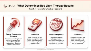 Red light therapy results determinants: device wavelength accuracy, irradiance, session frequency, and consistency