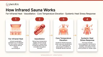 Infrared sauna mechanism: far-infrared heat, vasodilation, core temperature elevation, and systemic heat stress response