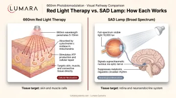 Red light therapy mechanism: 660nm photobiomodulation through skin tissue versus SAD lamp visual pathway