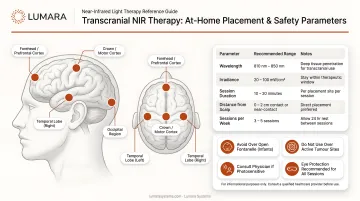 Transcranial NIR placement and safety parameters for at-home near-infrared therapy applications