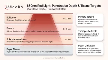 660nm red light penetration depth diagram: epidermal and dermal targets versus deeper tissue limitations