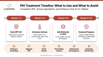 PIH treatment timeline and what to avoid: consistent SPF, active ingredients, and patience over 8-12+ weeks