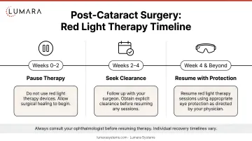 Post-cataract surgery timeline for red light therapy: week 0-2 pause, 2-4 week follow-up clearance, 4+ weeks with eye protection