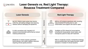 Laser Genesis versus red light therapy rosacea comparison: mechanism, access, and best applications