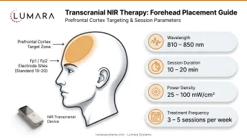 Transcranial NIR therapy placement guide: forehead placement for prefrontal cortex targeting and session parameters