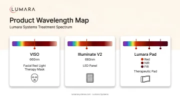 Lumara product wavelength map: VISO at 660nm, Illuminate V2 at 660nm, Lumara Pad with red NIR and FIR