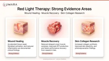 Red light therapy strong evidence areas: wound healing, muscle recovery, and skin collagen research summary