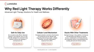 Red light therapy unique advantages: daily use without side effects, cellular mechanism, and additive compatibility with other treatments